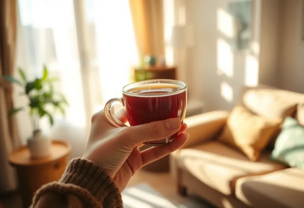 Une main tenant une tasse de thé chaud dans un salon accueillant, évoquant chaleur et acceptation de soi.