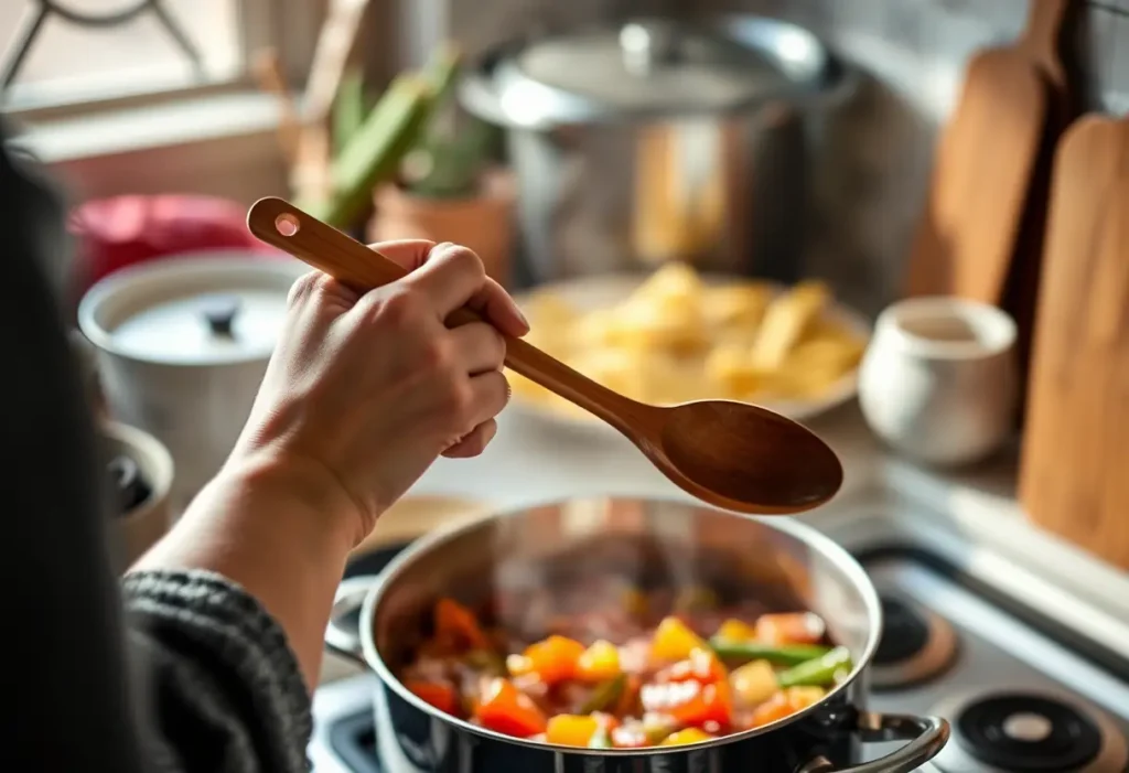 Une main féminine tenant une cuillère en bois au-dessus d'une casserole de légumes mijotant, illustrant la bien-être et le désir naturel.