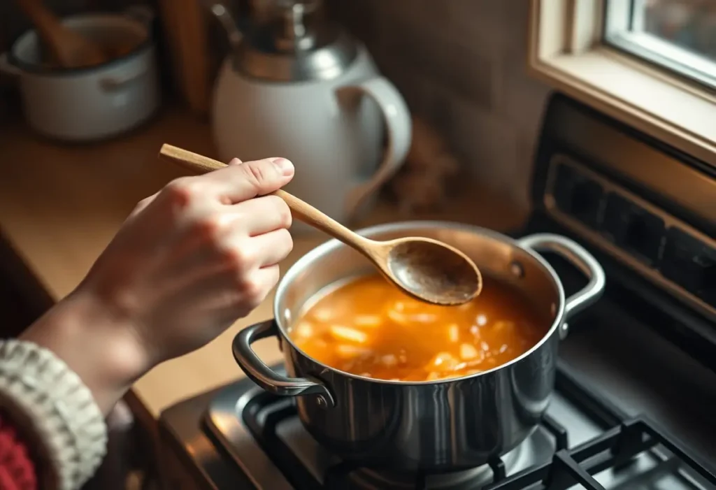 Une main féminine tient une cuillère en bois dans une cuisine chaleureuse.