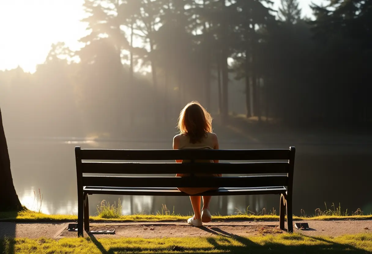 Un profil de femme assise sur un banc près d'un lac apaisant.