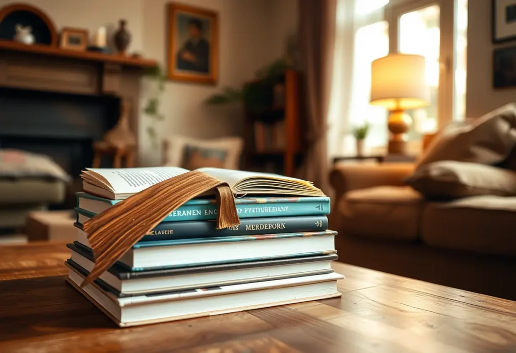 Un marque-page en bois posé sur une pile de livres sur une table basse de salon, éclairé par une lumière chaude