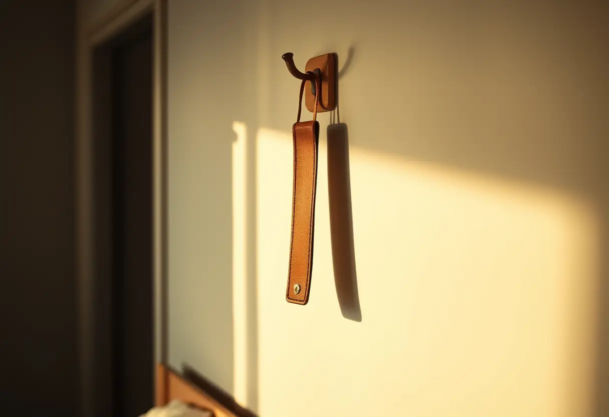 Un marque-page en cuir accroché à un anneau en bois sur un mur de chambre à coucher, éclairé par une lumière douce