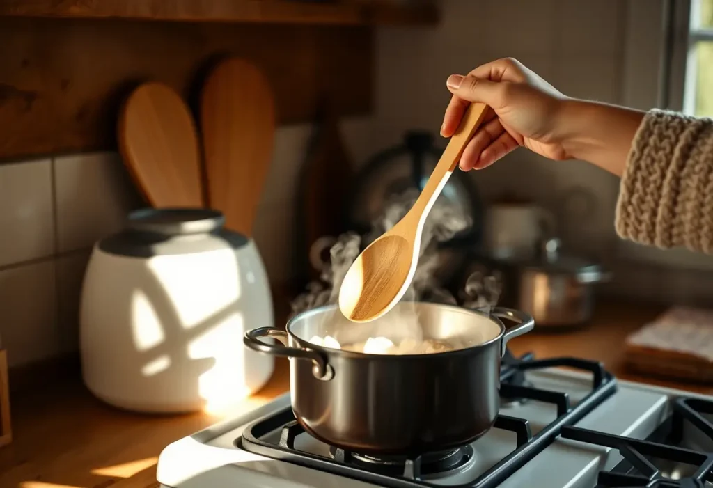 Une main féminine tenant une cuillère en bois au-dessus d'une casserole sur un fourneau, rappelant le bien-être et l'acceptation de soi.