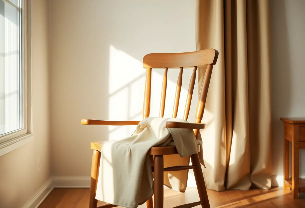 Un fauteuil recouvert d'un tissu beige dans un salon, évoquant le repos et l'acceptation de soi.