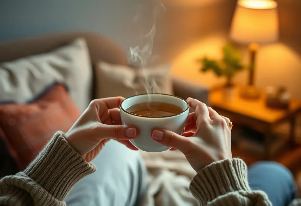 Des mains tenant une tasse de thé chaud dans un salon accueillant, symbole de bien-être personnel.
