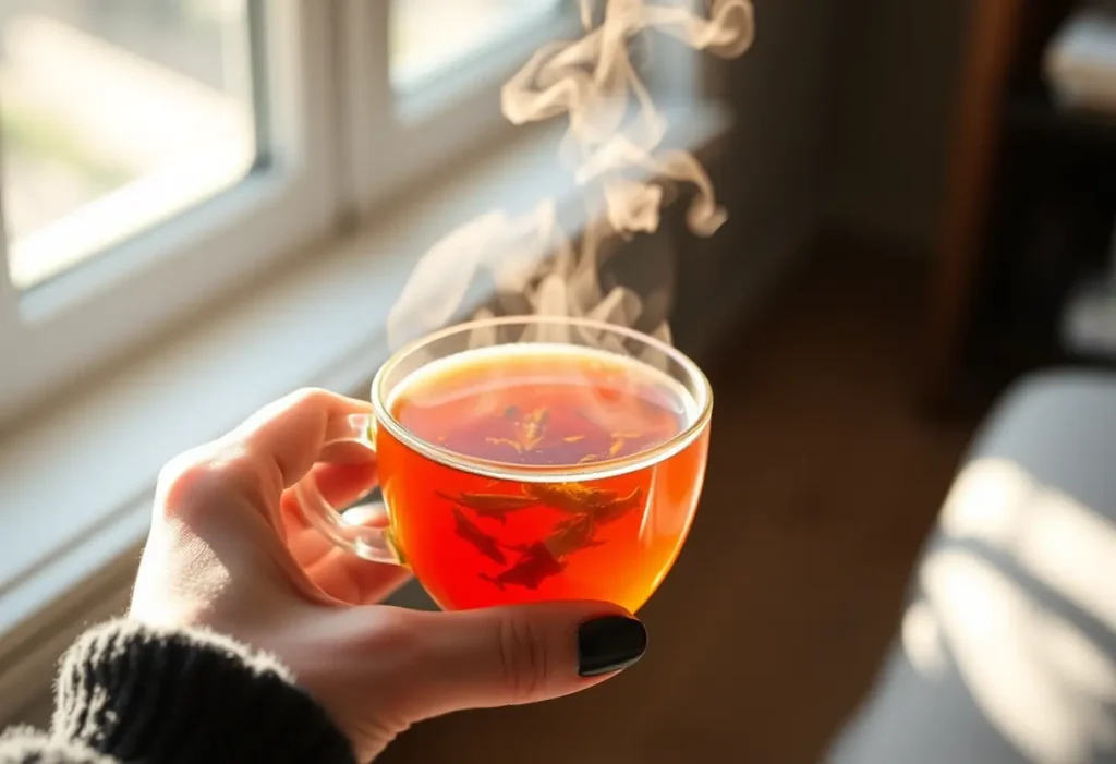 Une main tenant une tasse de thé chaud, symbolisant la sérénité et la bienveillance.