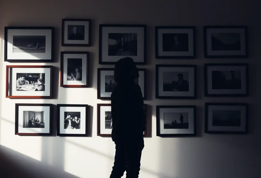Une silhouette devant un mur avec des photos encadrées, représentant la croissance personnelle