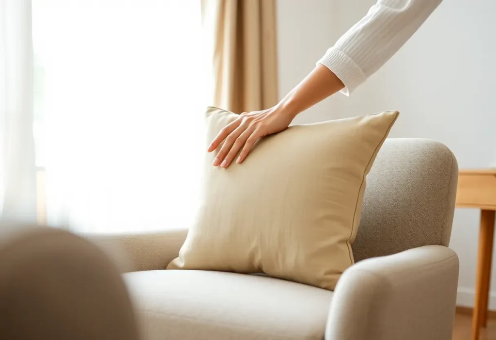 Une main posant délicatement un coussin carré dans un salon accueillant