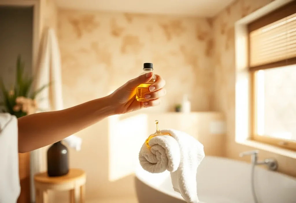 Une main applique délicatement de l'huile sur un torchon dans une salle de bain accueillante.