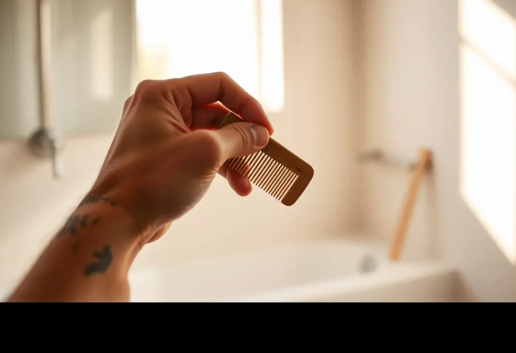 Un homme tient délicatement un peigne en bois dans sa salle de bains, évoquant soins personnels et bien-être
