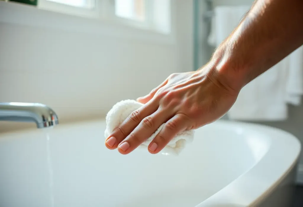 Un homme applique délicatement une serviette en coton dans la salle de bains, évoquant soin et auto-soin.