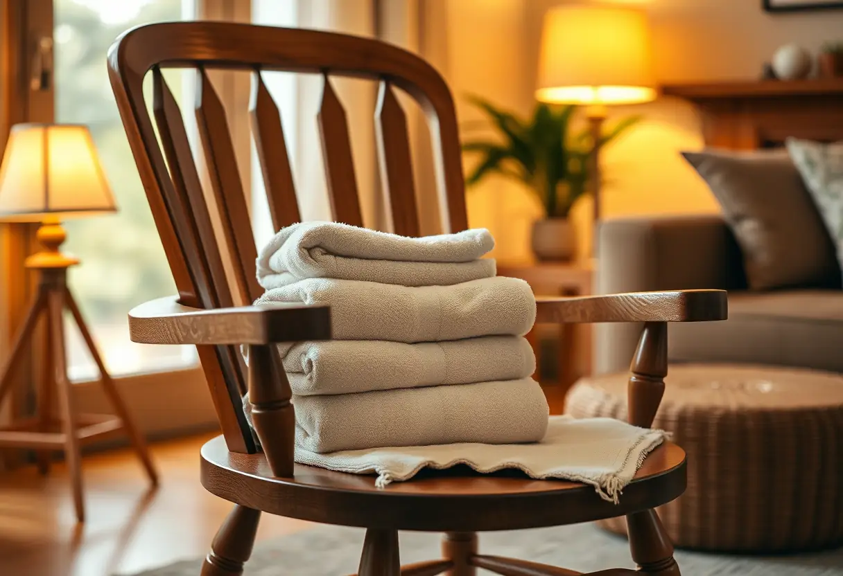 Un fauteuil en bois dans un salon accueillant, éclairé par une lampe de chevet, avec des serviettes pliées, représentant confort et techniques de relaxation.
