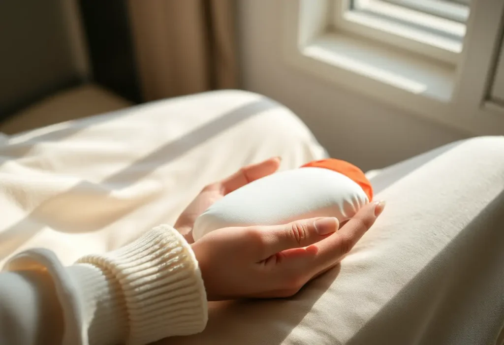 Une main féminine caressant délicatement un petit coussin ovale, éclairé par la lumière du jour.