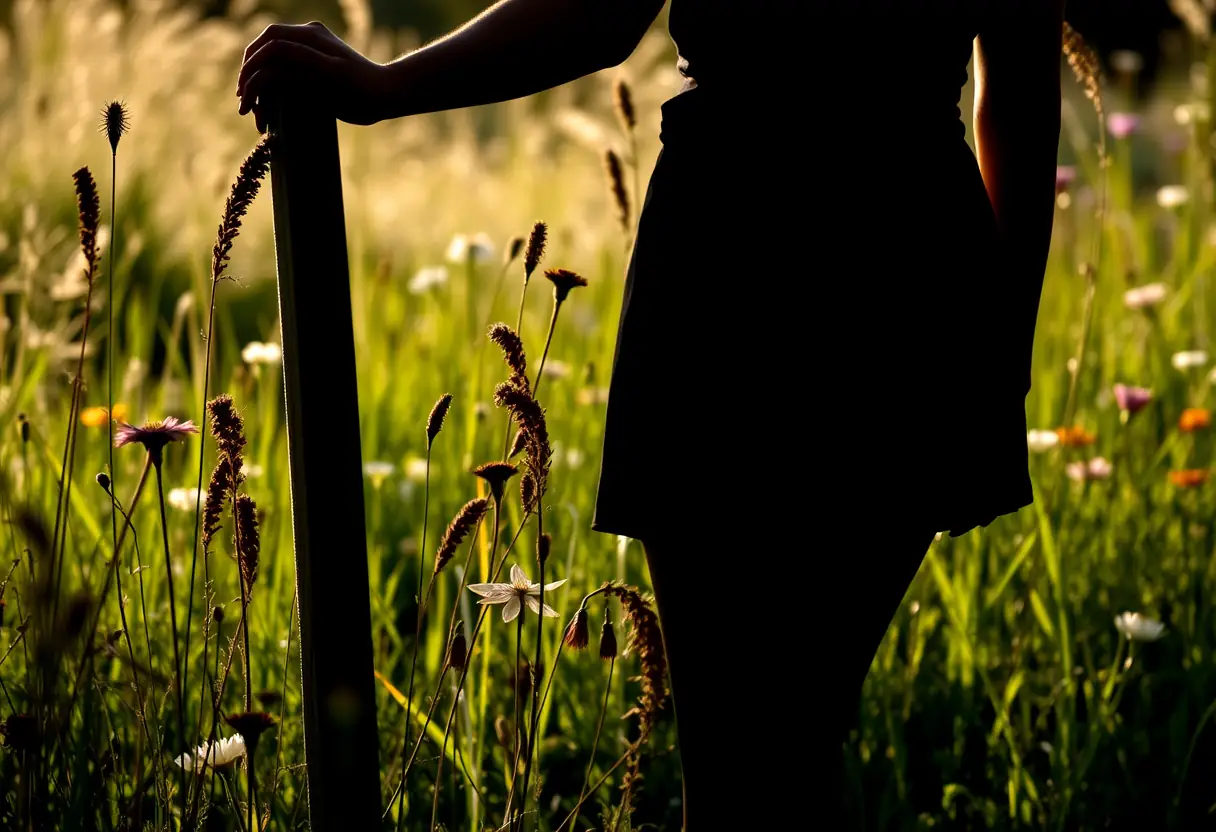 Un profil féminin se tenant dans un jardin bordé de hautes herbes et de fleurs sauvages, appuyée sur un poteau en bois.