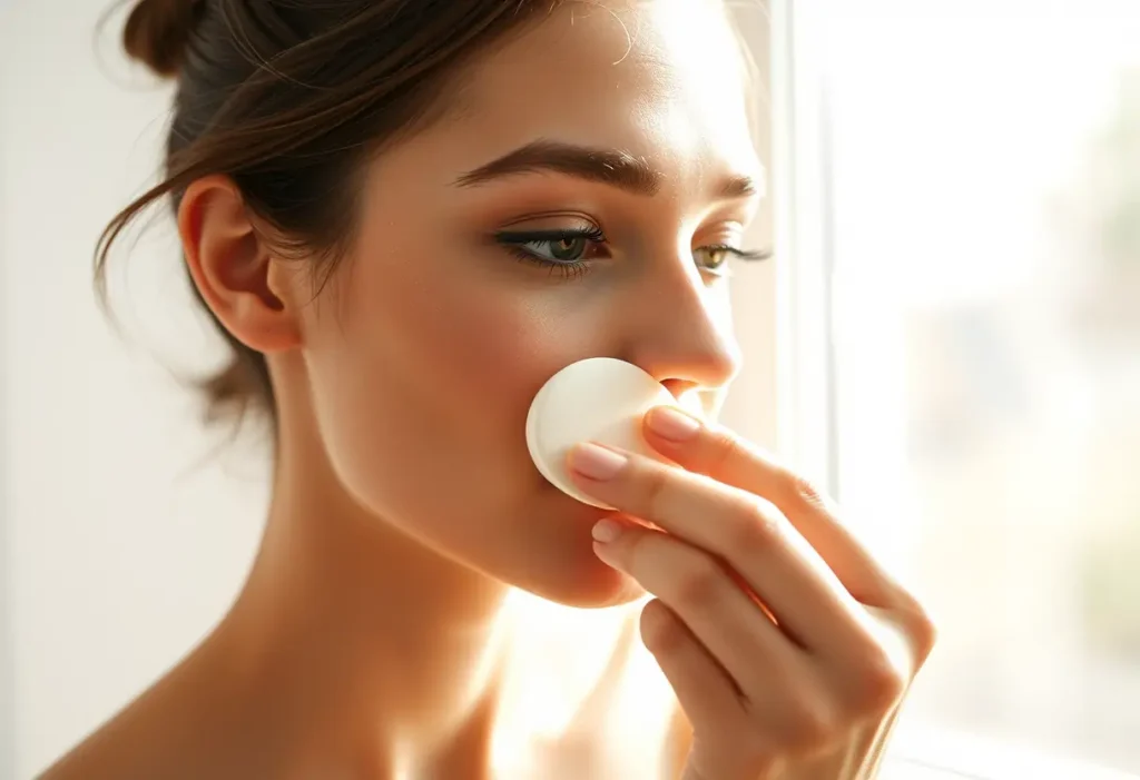 Une main applique délicatement une base de maquillage avec un gant humide