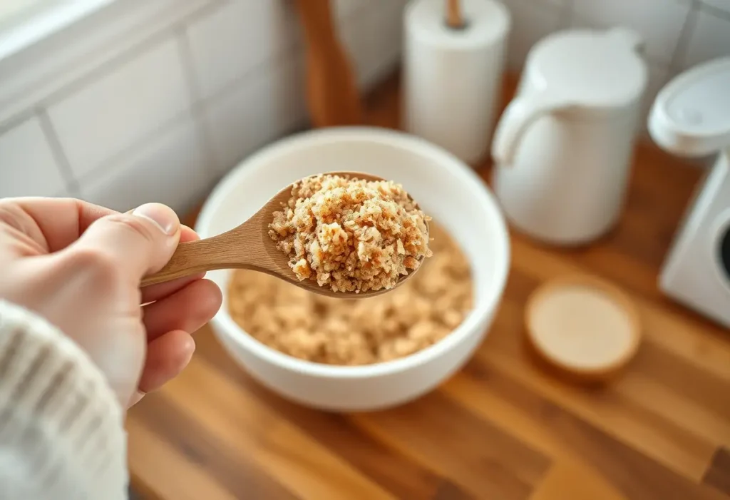 Une main tient une cuillère en bois remplie de sucre brun dans une cuisine, éclairée par la lumière du matin, pour un gommage corporel naturel