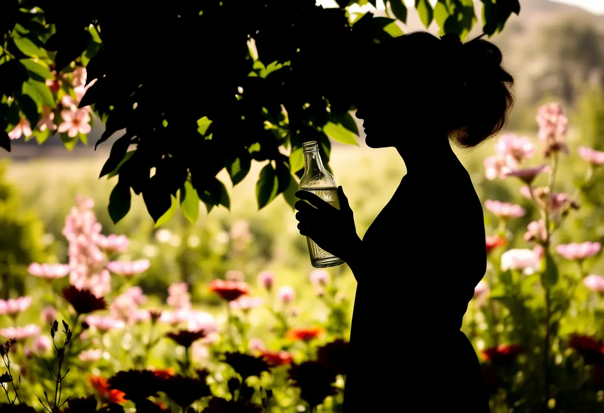 Silhouette d'une personne dans un jardin fleuri, tenant une bouteille contenant un liquide clair, éclairée par la lumière filtrée des feuilles, pour prendre soin de sa peau