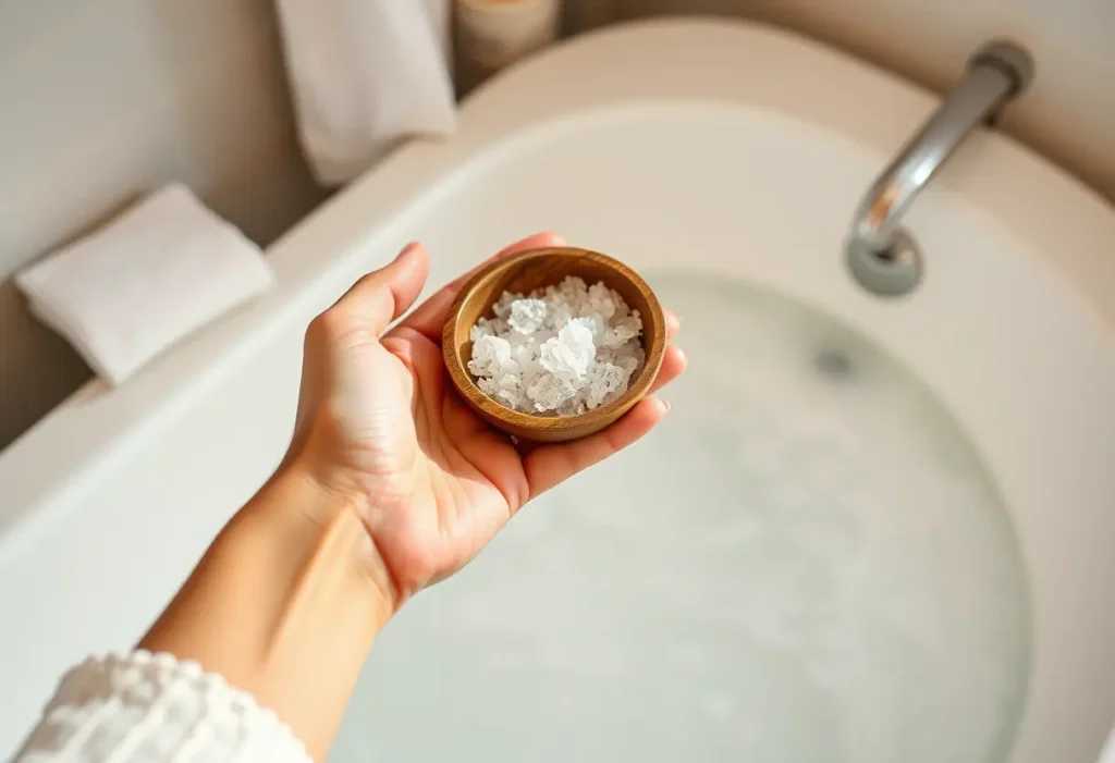 Une main féminine tient un bol en bois avec des cristaux d'exfoliation au bain, dans une salle de bains accueillante