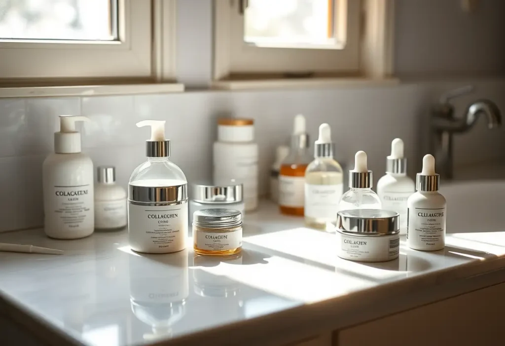Un comptoir de salle de bains avec des bocaux en céramique contenant des sérums et des essences