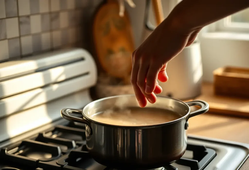 Main focus sur une main féminine qui remue lentement un pot de soupe, illustrant la détente et la bien-être.