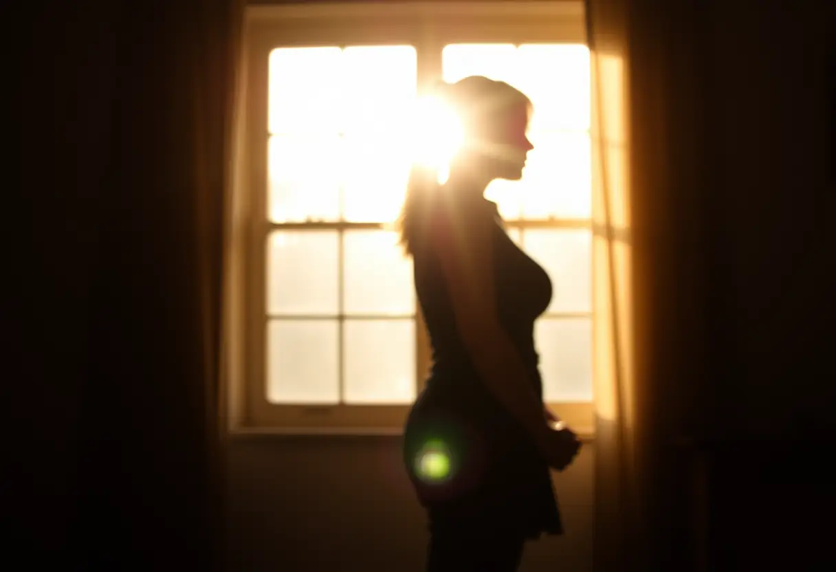 Silhouette de femme devant une fenêtre éclairée par la lumière du jour
