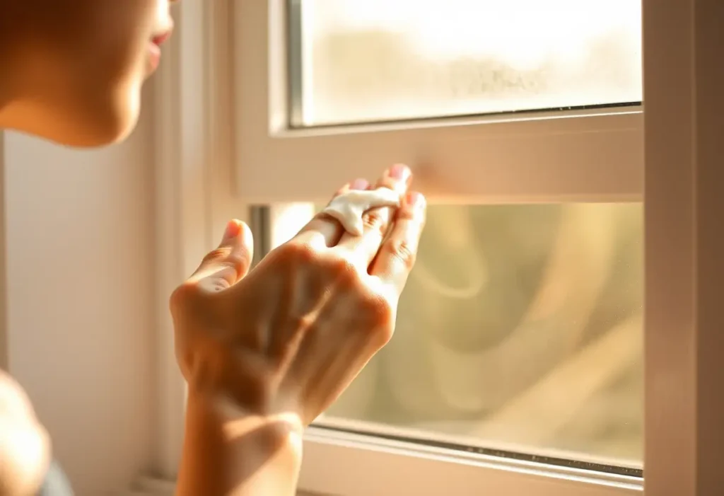 Une main féminine applique doucement une crème sur sa joue près d'un carreau où entre la lumière du soleil
