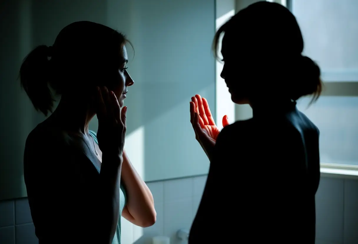 Un profil d'une femme se tenant devant un miroir de salle de bains, appliquant une crème hydratante avec ses deux mains