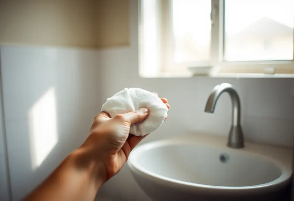 une main tenant un tampon en coton près d'un lavabo en porcelaine, lumière naturelle.