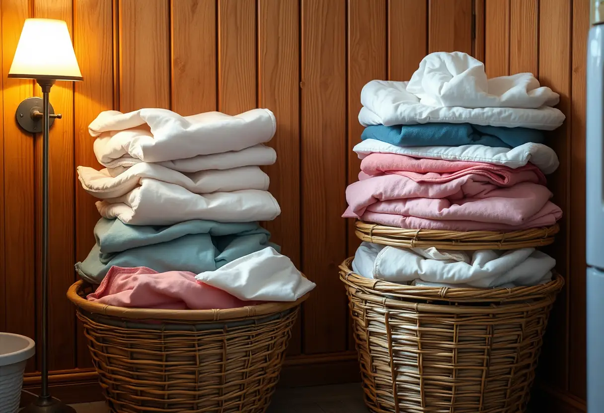 Vue d'ensemble : une pile de paniers en bambou remplis de lingettes menstruelles colorées dans une pièce à laver accueillante.