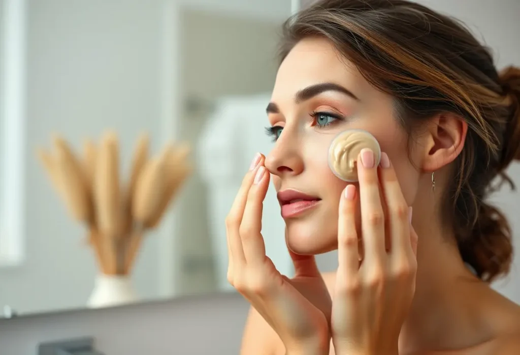 Une main applique délicatement une base de maquillage sur le visage dans une salle de bain bien éclairée.