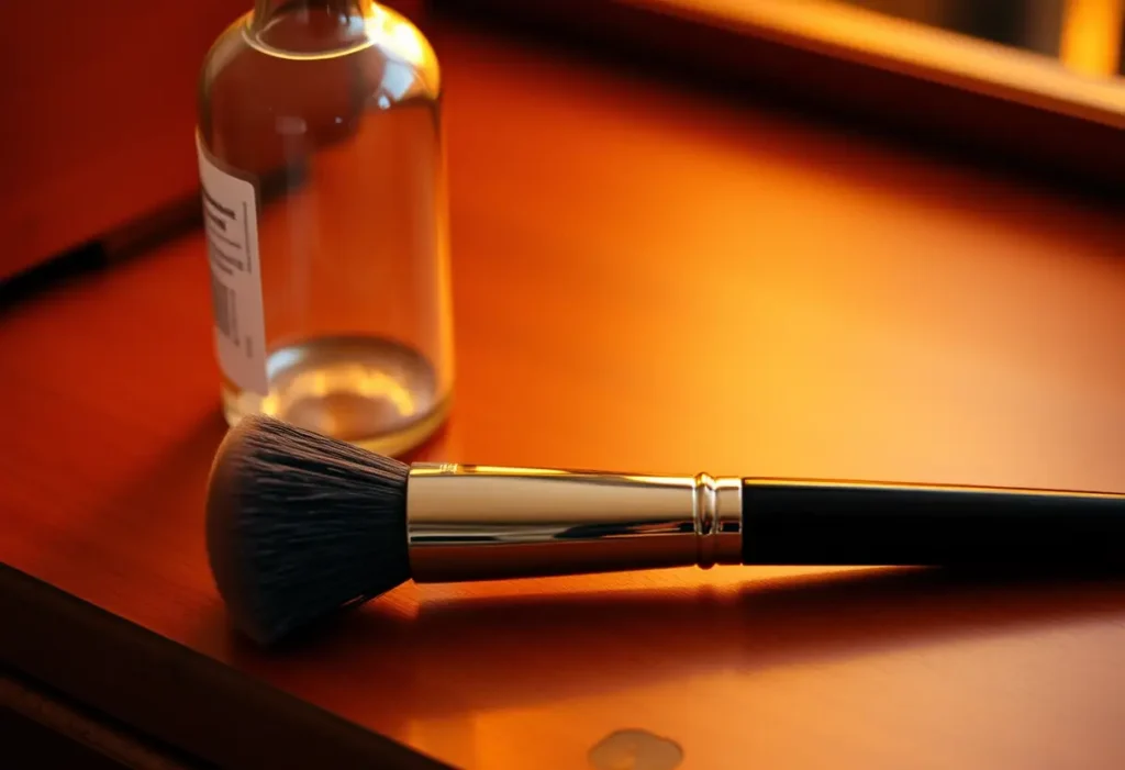 Un pinceau à maquillage sur un meuble en bois, lumière douce