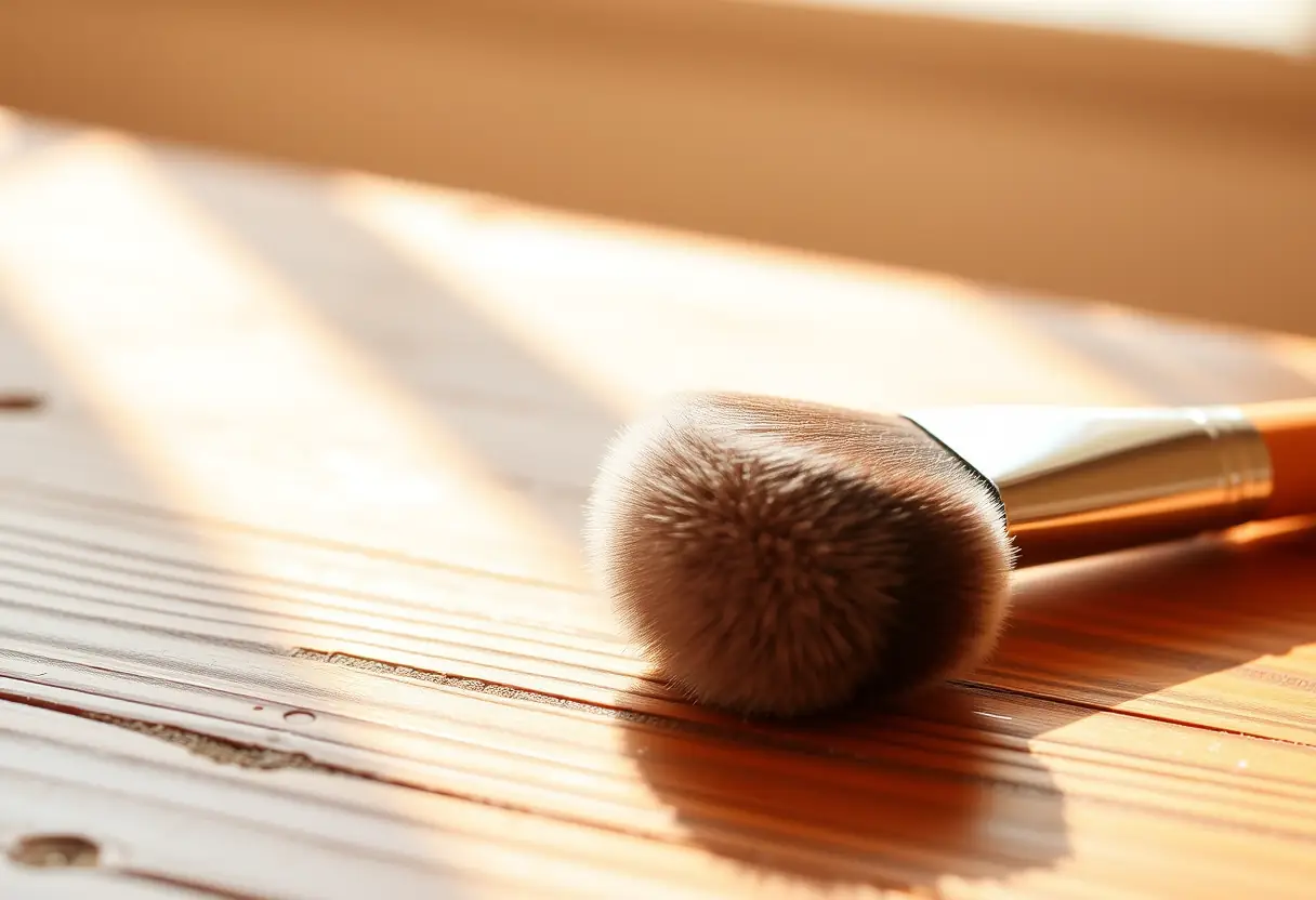 Un pinceau de maquillage posé sur une table en bois, idéal pour appliquer du fond de teint.