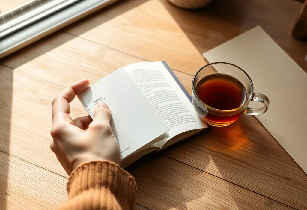 Une main tenant un signet sur un bureau avec une tasse de thé, symbolisant la lecture et l'estime de soi.