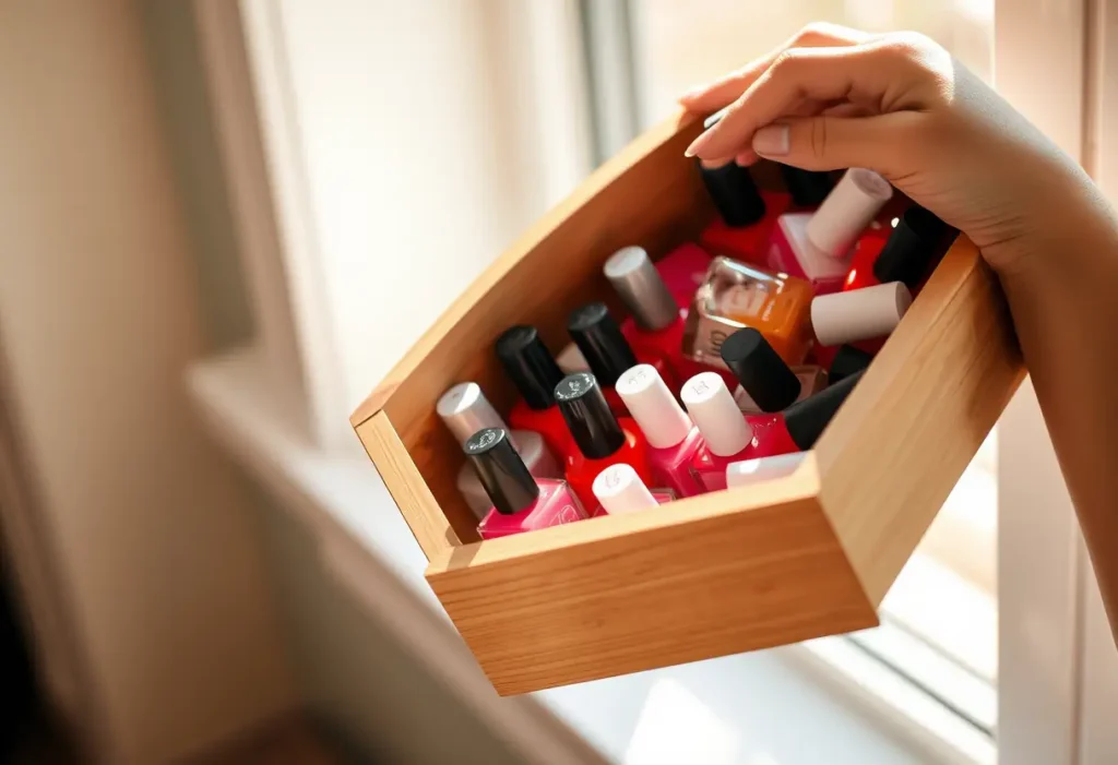 Main de femme tenant une boîte en bois remplie de vernis à ongles