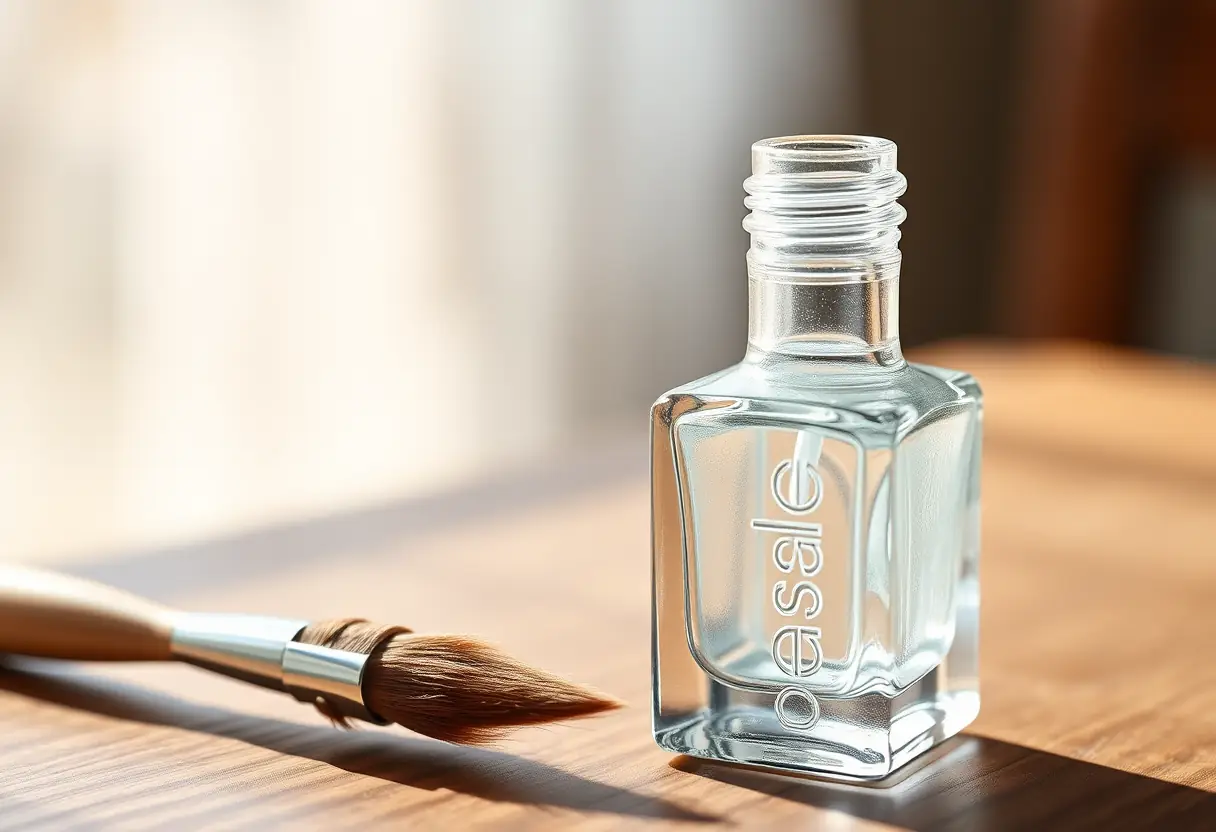 Bouteille de vernis transparent sur une table en bois, lumière chaude