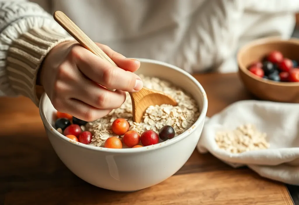 Une main féminine dépose une cuillère en bois dans un bol rempli d'ingrédients sains, symbole de soin et de nutrition.