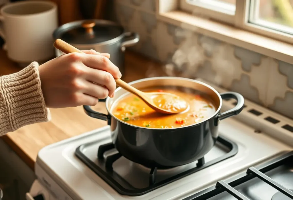 Une main féminine tient une cuillère en bois dans la cuisine, évoquant la douceur de la maison.
