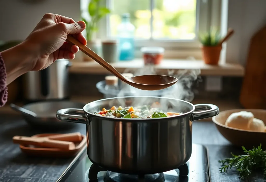 Main de femme tenant une cuillère en bois au-dessus d'une marmite de soupe aux légumes, symbolisant l'alimentation saine pendant la ménopause.