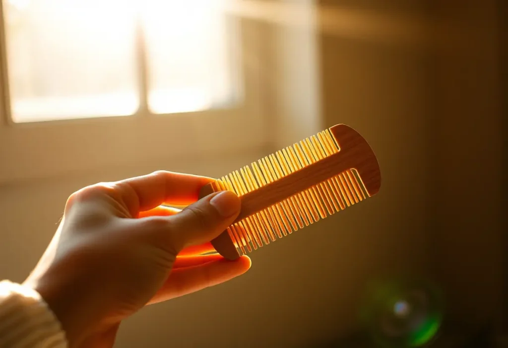 Une main féminine tient délicatement un peigne en bois, lumière naturelle
