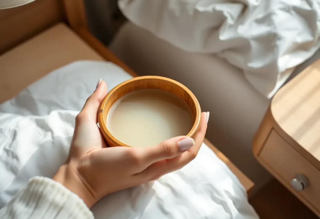Une main féminine tient un bol en bois avec de l'eau tiède près du lit