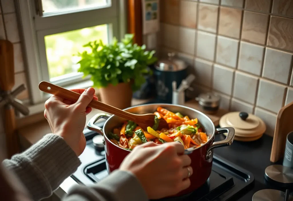 Des mains qui remuent des légumes cuits dans une casserole