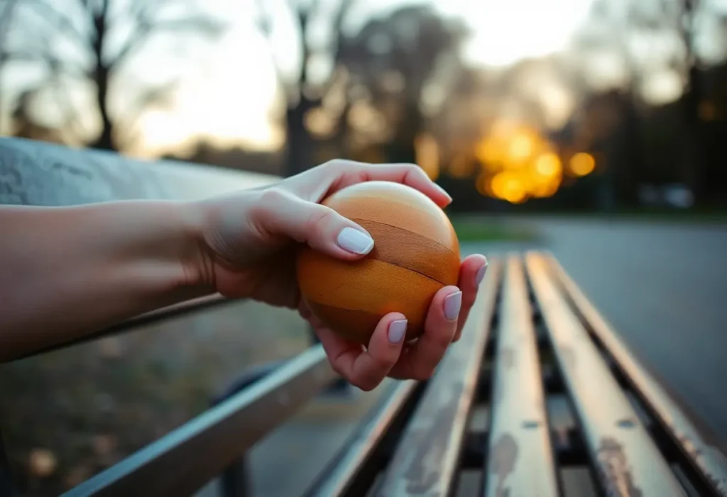 main de femme tenant une boule de bois ronde, parc au coucher du soleil, auto-bienveillance
