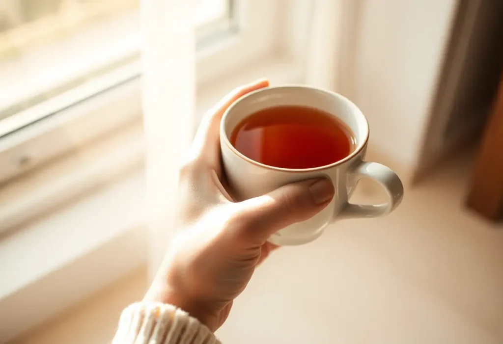 Une main féminine tenant une tasse de thé chaud, symbolisant le confort et la sérénité
