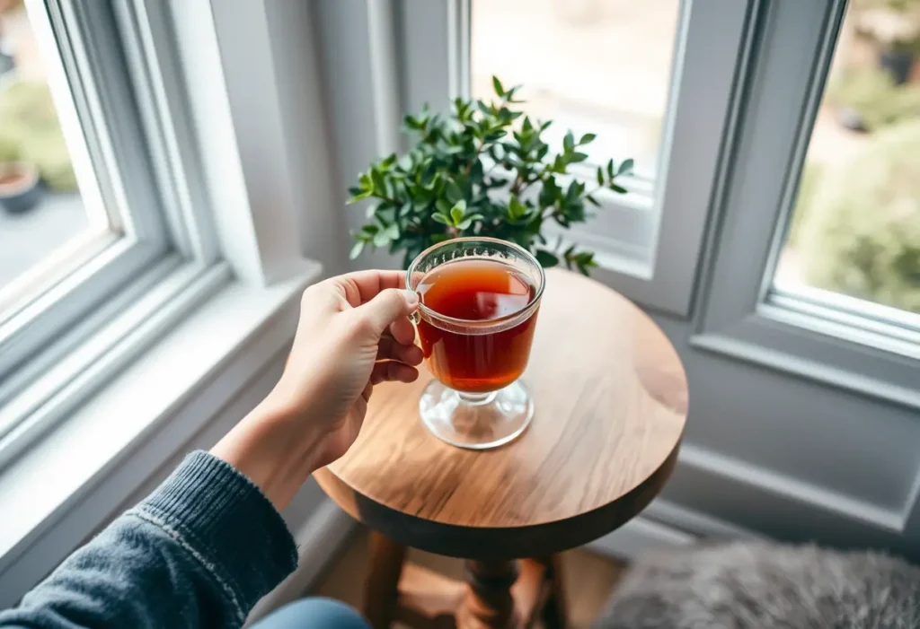 Des mains tenant une tasse de thé chaud aux herbes, posée sur une petite table en bois près d’un pot de plante, créant une atmosphère apaisante.