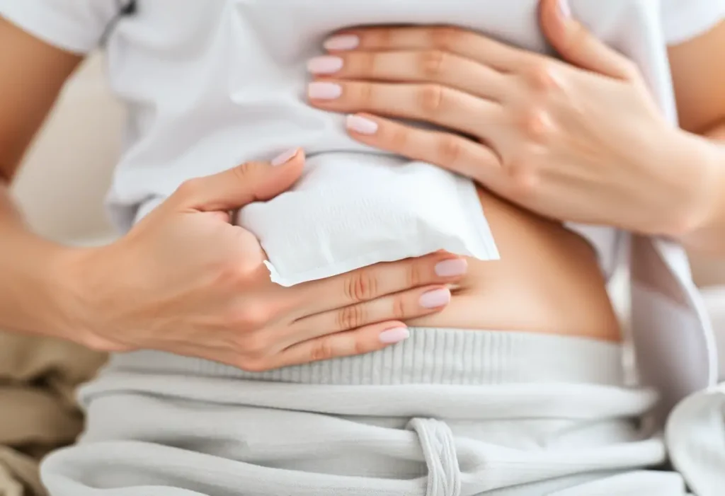 Main de femme posant une compresse chaude sur l'abdomen, symbole de bien-être