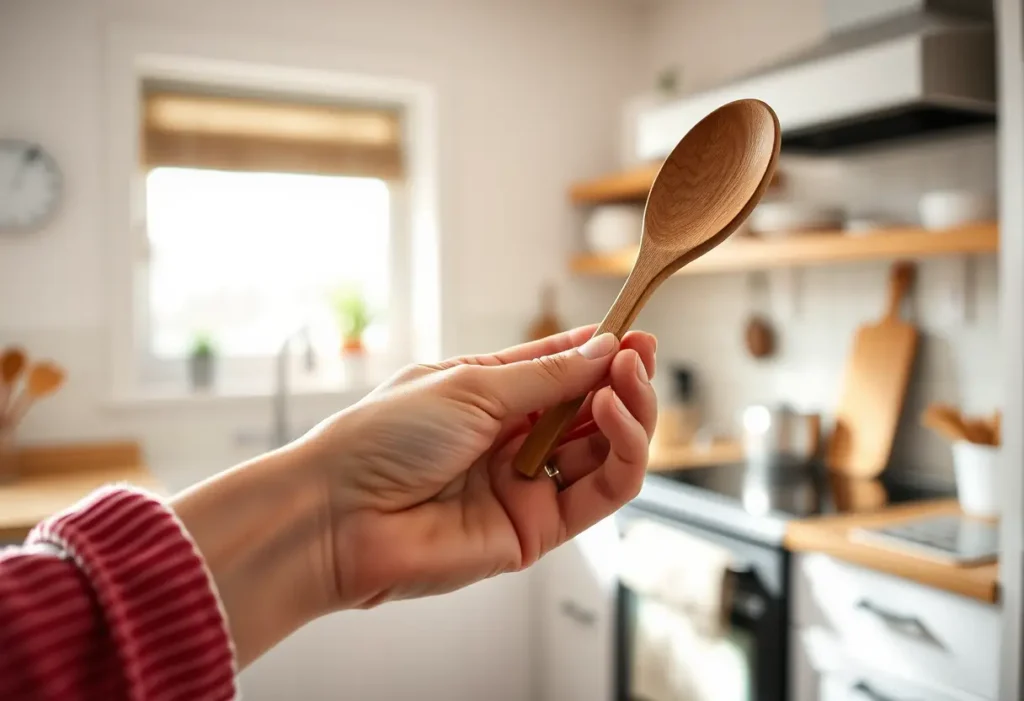Une main féminine tient une cuillère en bois dans une cuisine lumineuse, symbolisant les plaisirs simples qui favorisent la bien-être.