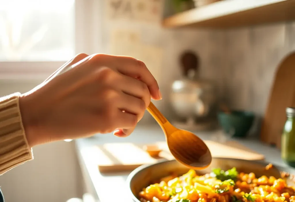 Une main féminine tenant une cuillère en bois dans une cuisine, lumière naturelle