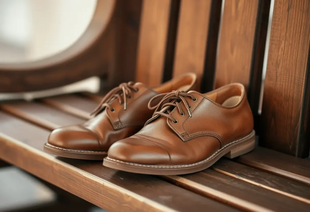 Des chaussures en cuir posées sur un banc, illustrant le soutien quotidien pour les jambes actives
