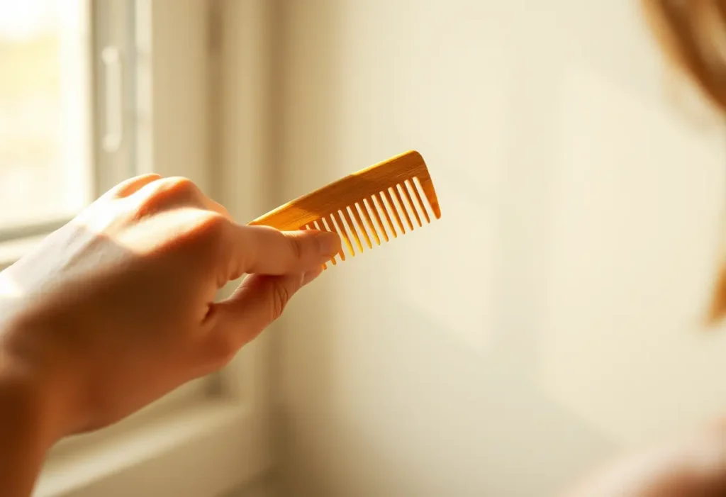 Une main féminine tient délicatement un peigne en bois, éclairée par la lumière du jour