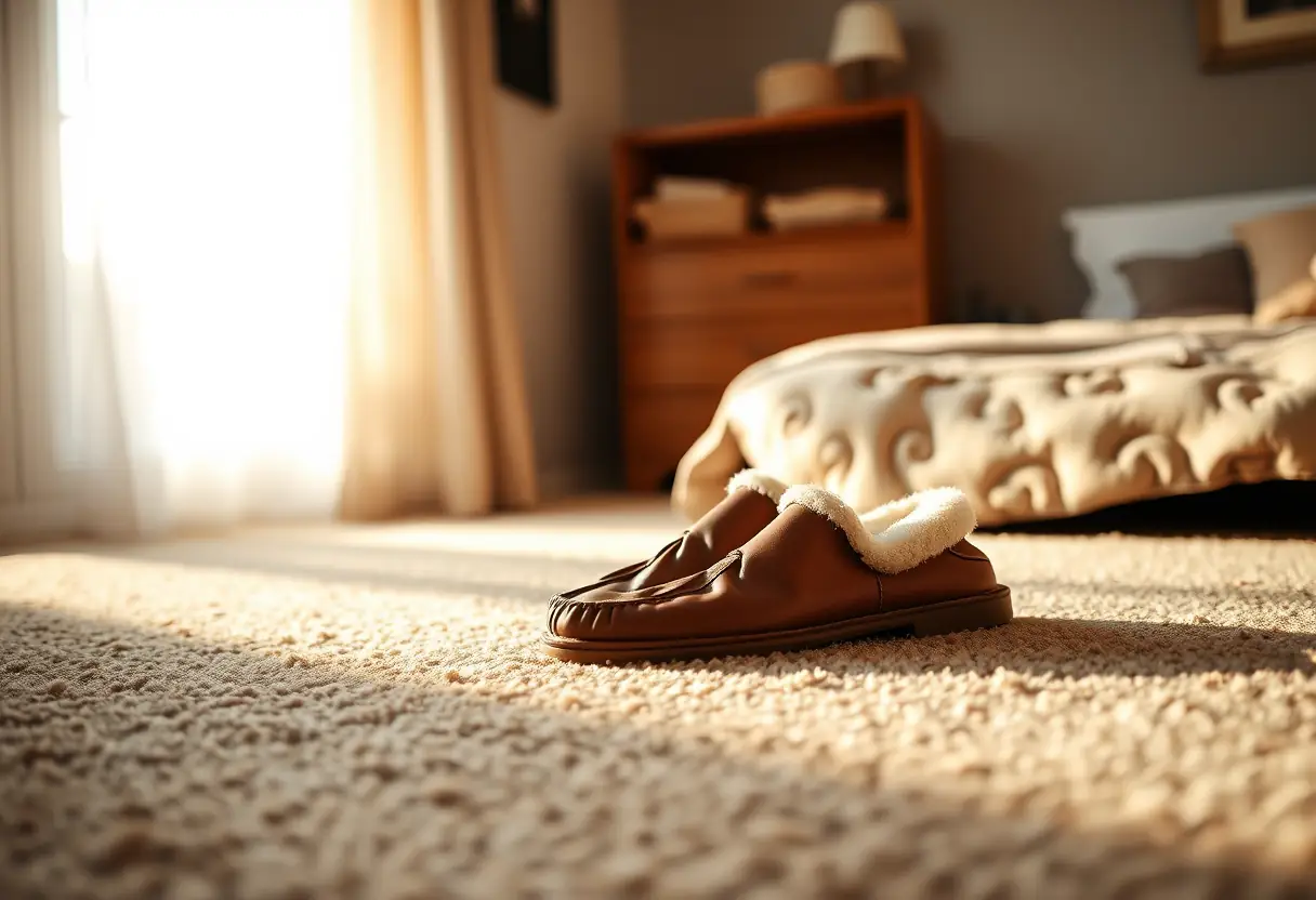 Des chaussures de repos en cuir posées sur un tapis dans une chambre douillette, éclairées par la lumière du matin